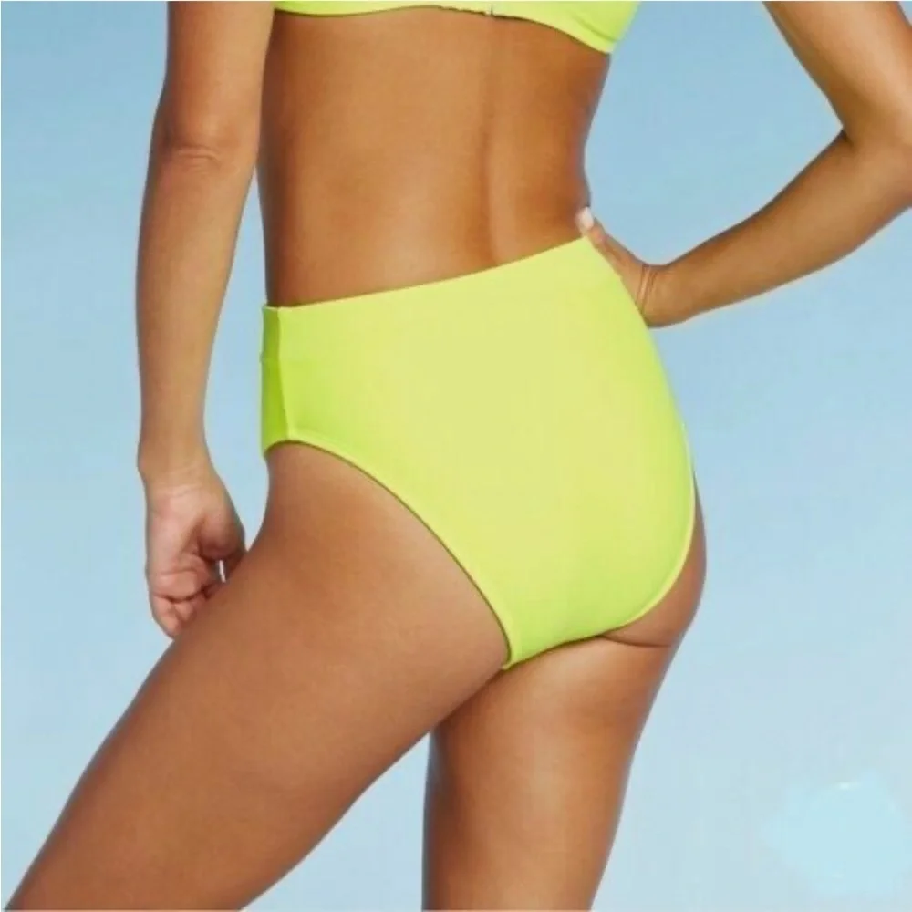 Neon Yellow High Waisted Bikini Bottoms with Zipper Size Large